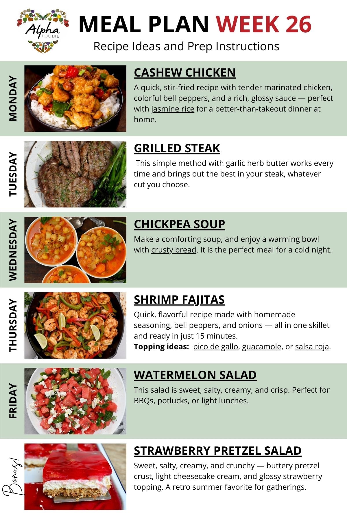 Meal plan week 26 recipe notes.