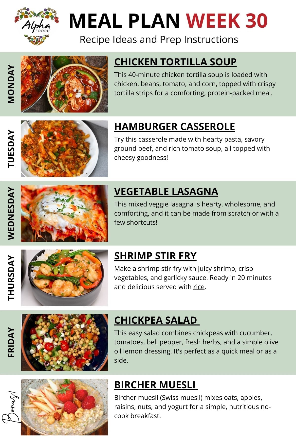 Notes about the recipes for week 30 of Meal planning.