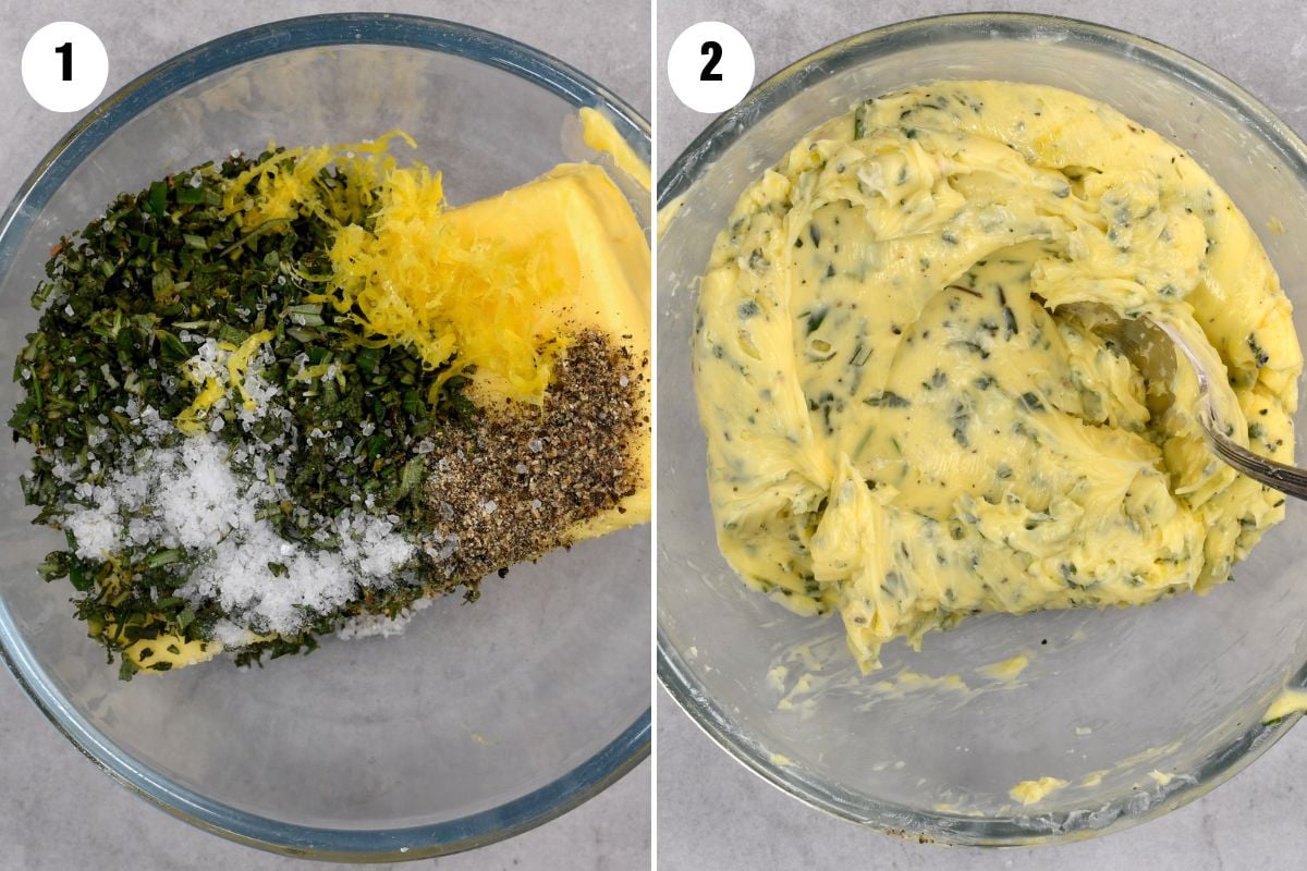 Collage showing herb butter before and after mixing, ready to be rubbed onto the turkey. - 6