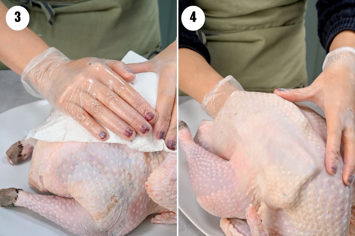 Collage showing turkey preparation: patting the skin dry and gently loosening it by hand. - 7