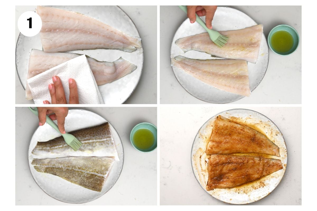 Preparing two skin-on white fish fillets for grilling: patting dry, brushing with oil, and seasoning.