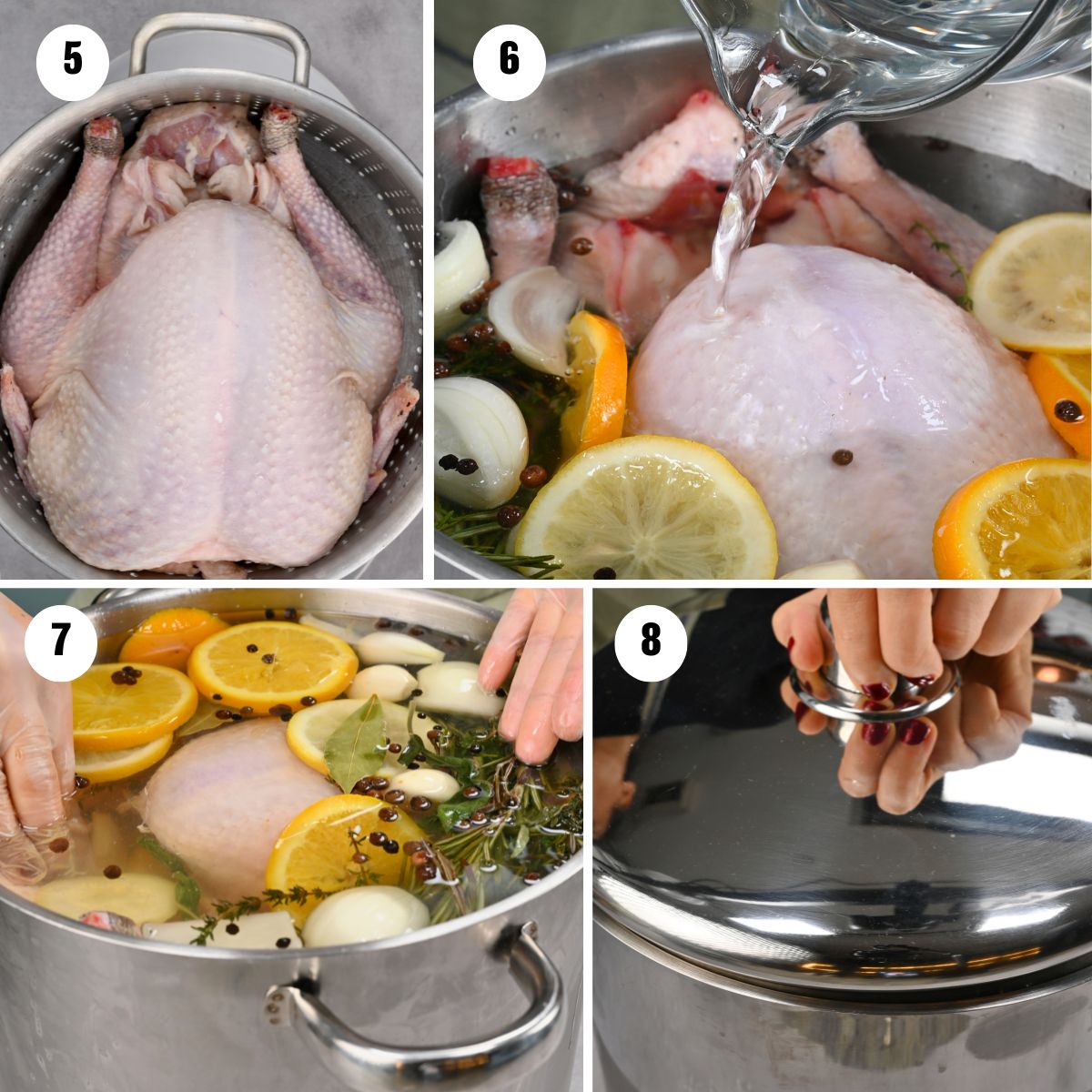 Steps to submerge the turkey in the brining container. - 6