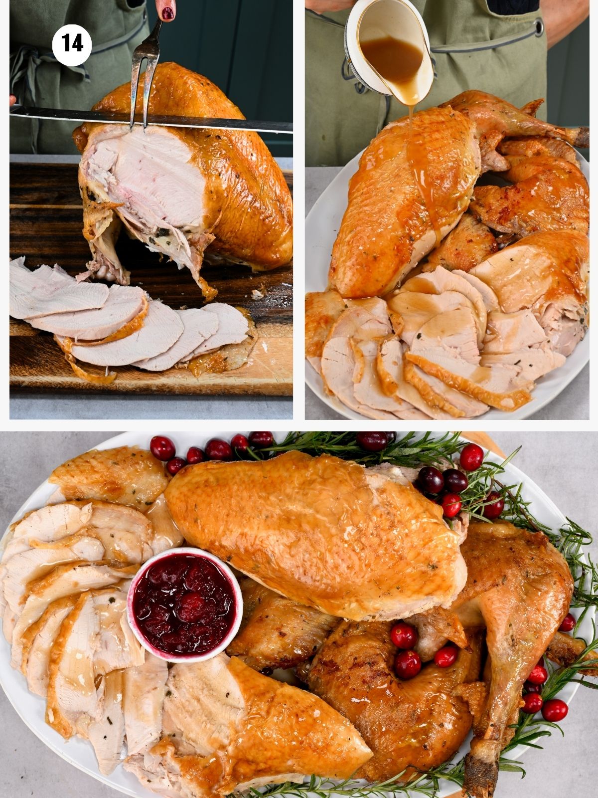 Collage showing a turkey being carved and served, accompanied by gravy and cranberry sauce. - 11