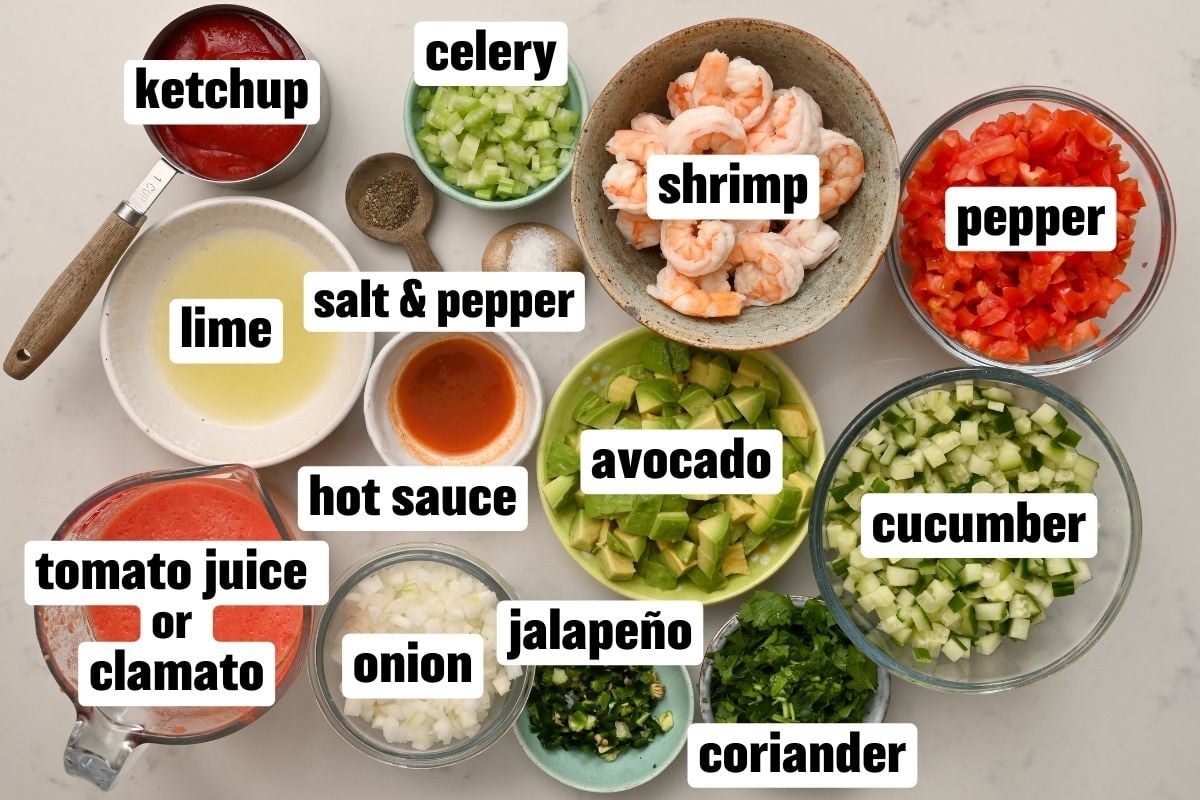 top view of the ingredients for making Mexican shrimp cocktail