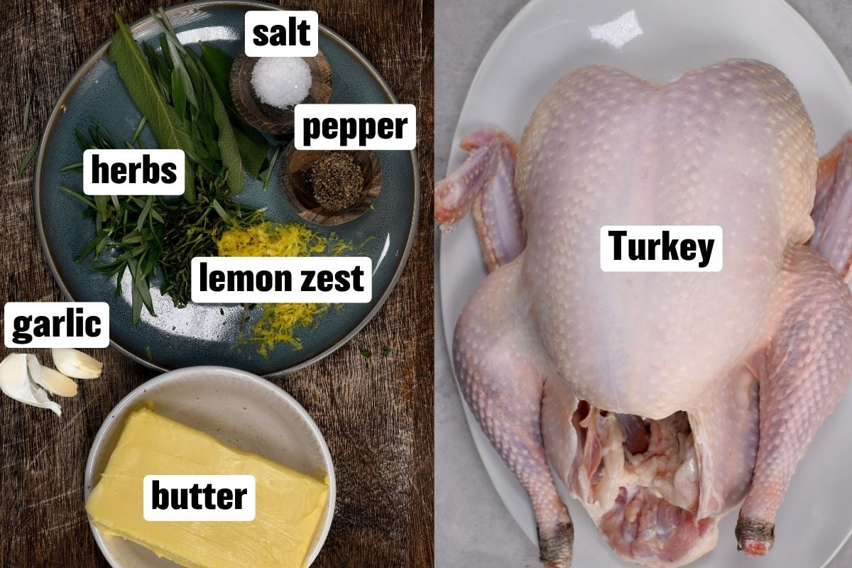 top view photo of raw turkeu next to plate with herbs lemon zest, garlic and butter - 4