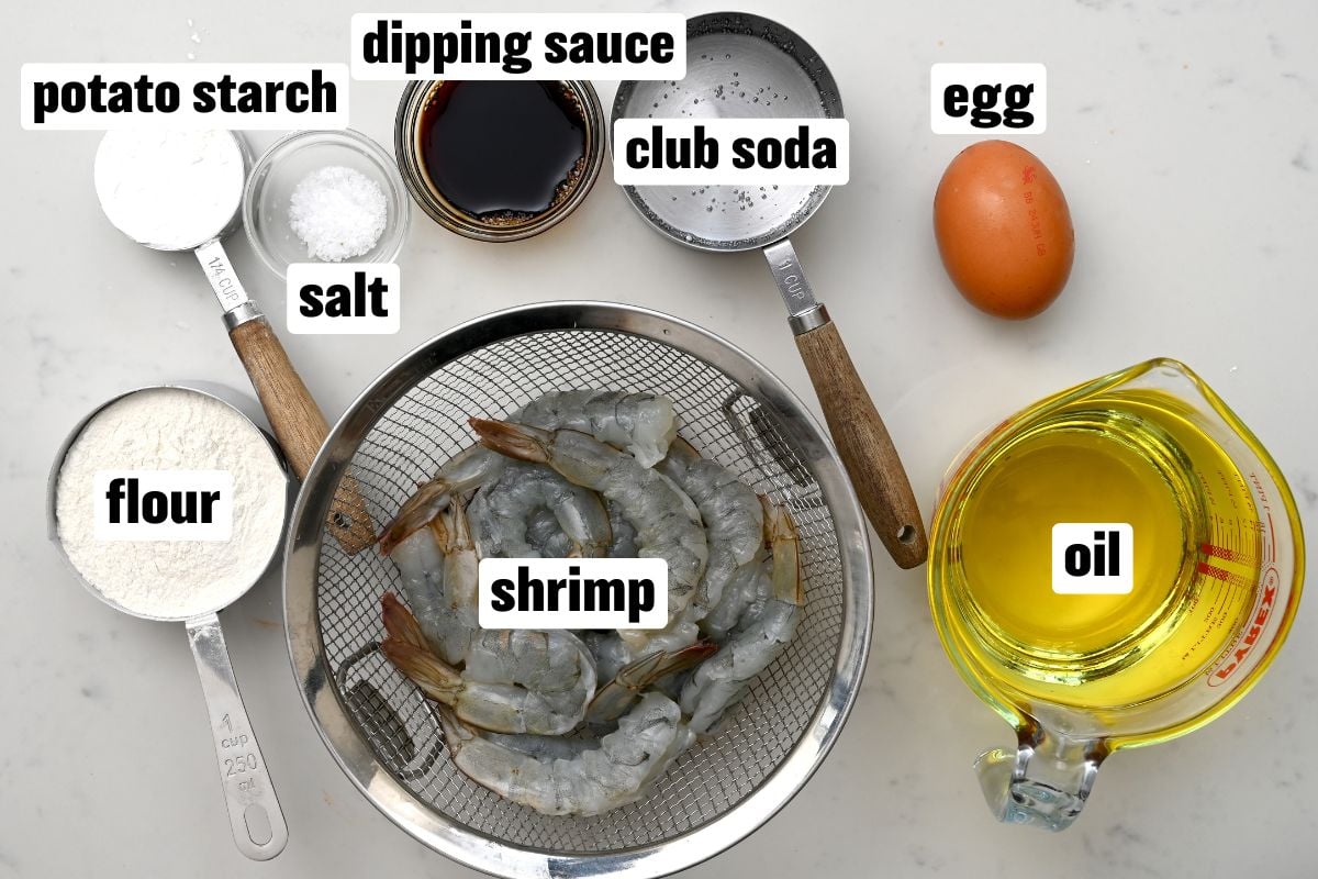 These crispy shrimp tempura are quick to make and perfect for a tasty appetizer! top view for the ingredients for making shrimp tempura