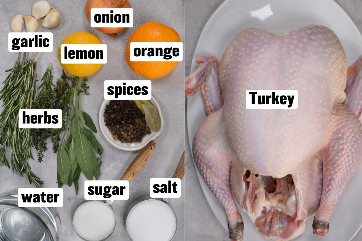 top view of the ingredients of turkey brine on gray background - 3