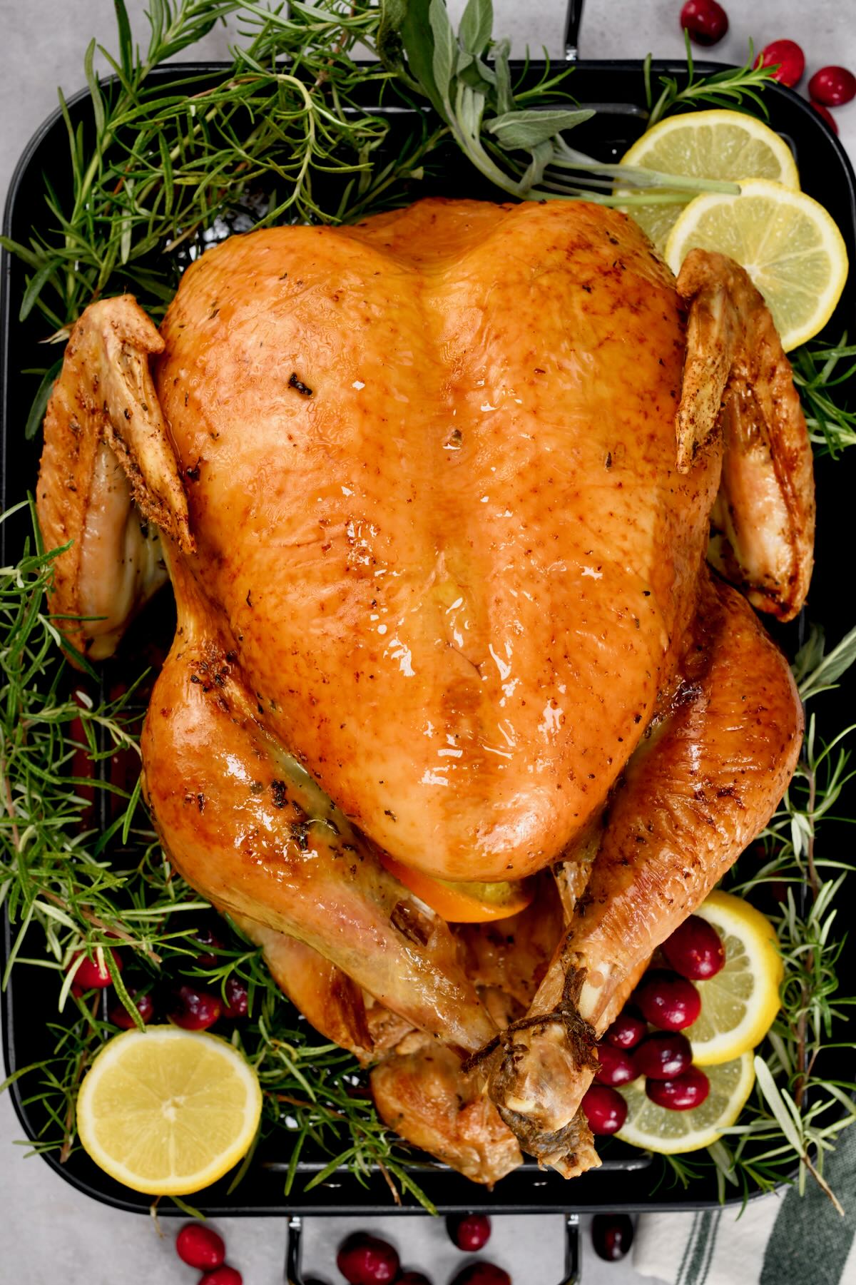 top view of a roast turkey recipe being placed on a bed of herbs sliced lemon and cranberries - 1