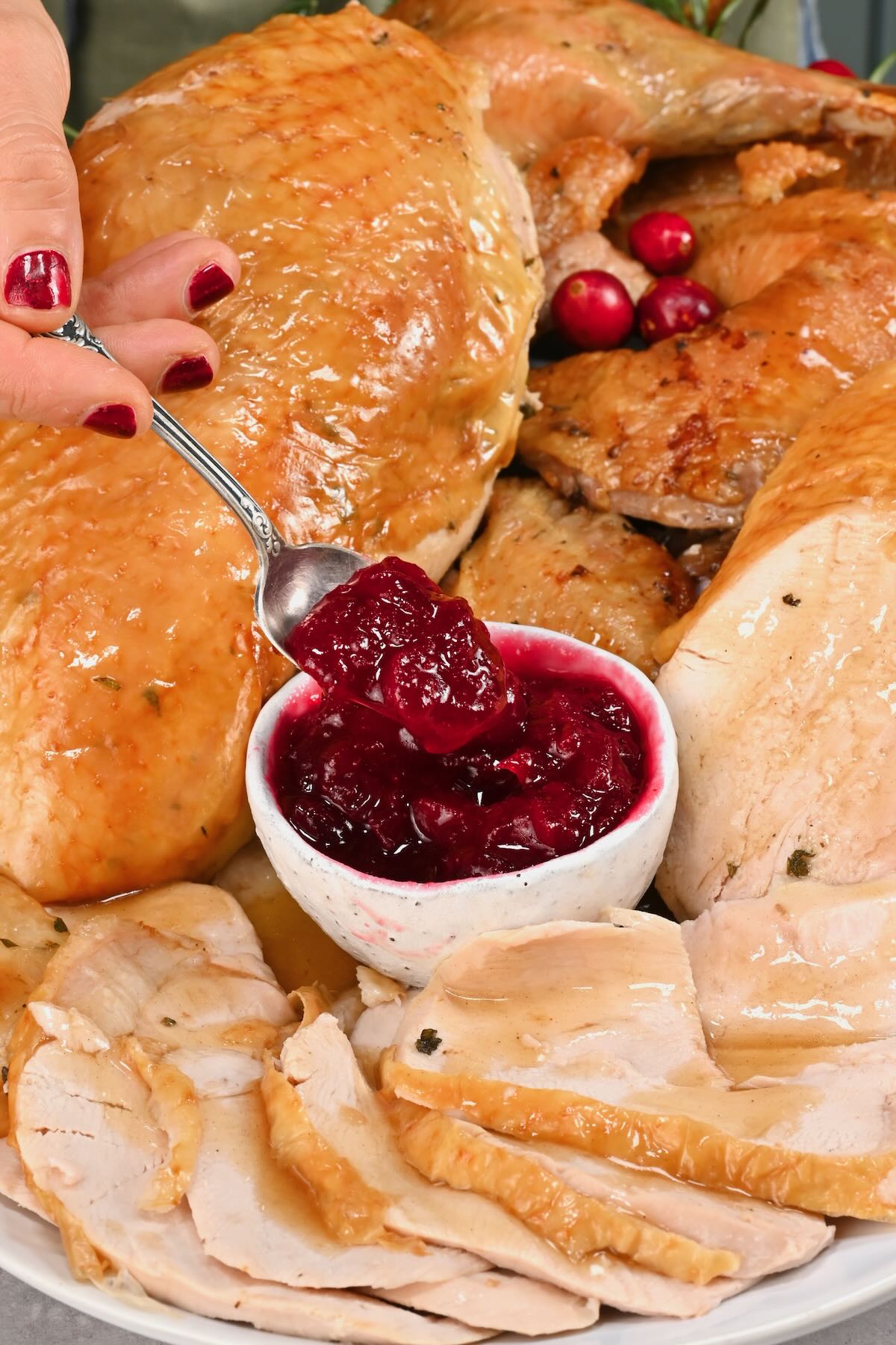 cranberry sauce being scooped using a spoon and small bowl being placed in the middle of large cooked and sliced turkey - 13