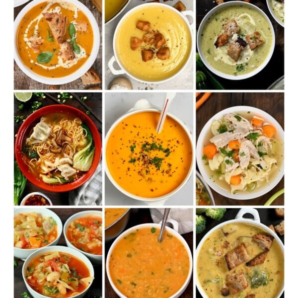 Collage of nine soup recipes, showcasing a variety of cozy winter soups.
