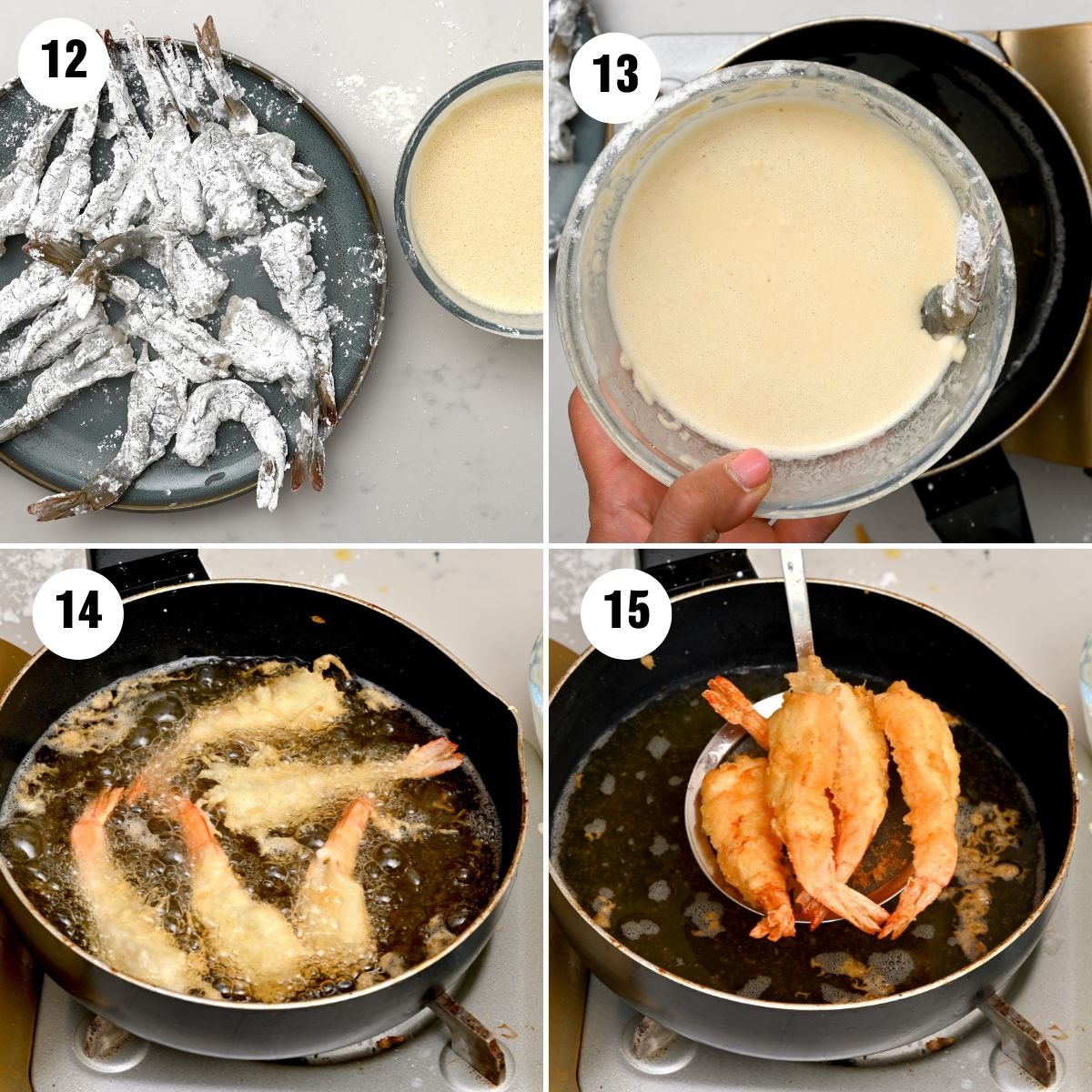 Collage of four photos showing shrimp being dipped in batter and fried.