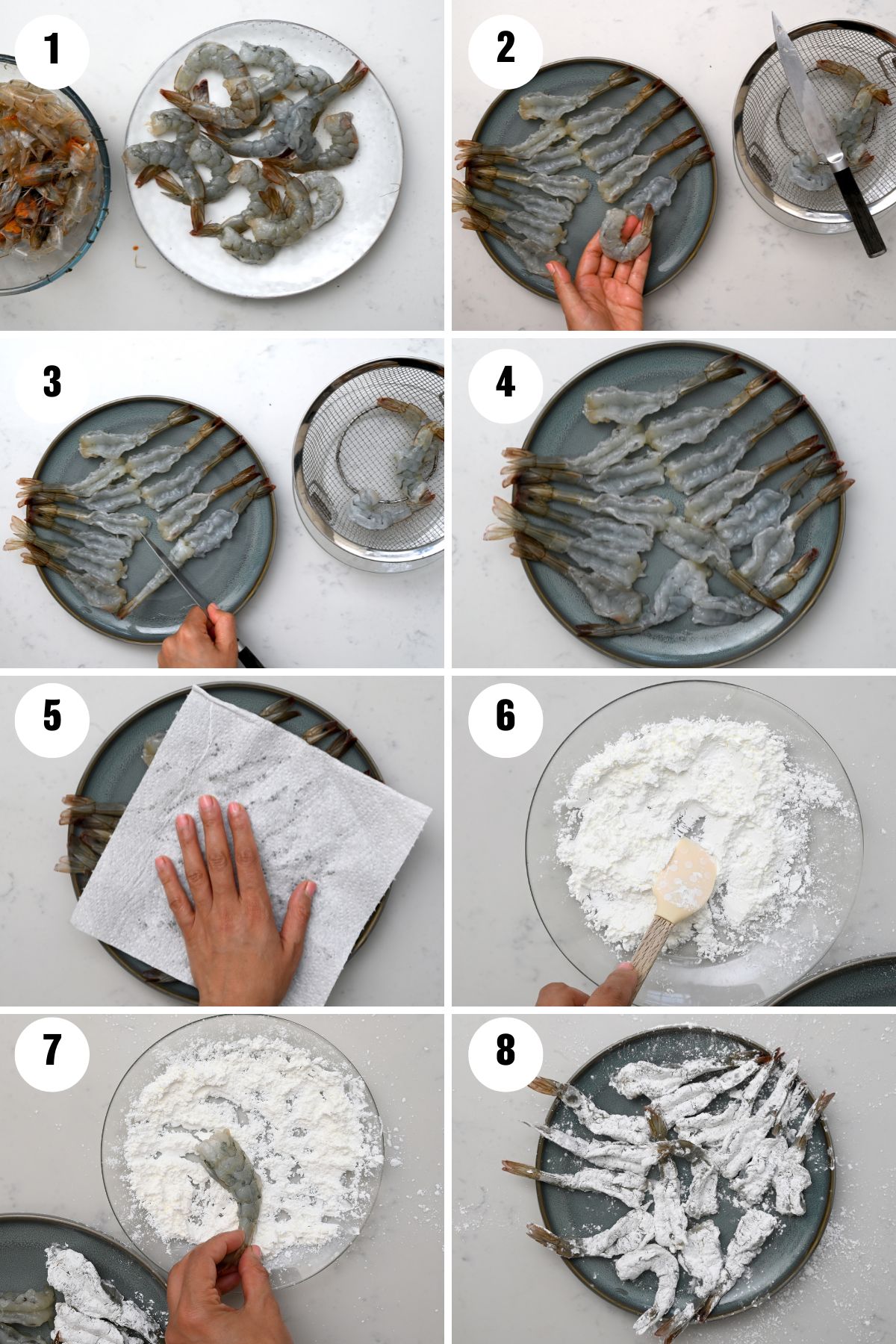Collage showing shrimp being prepared, straightened, and dusted with flour.