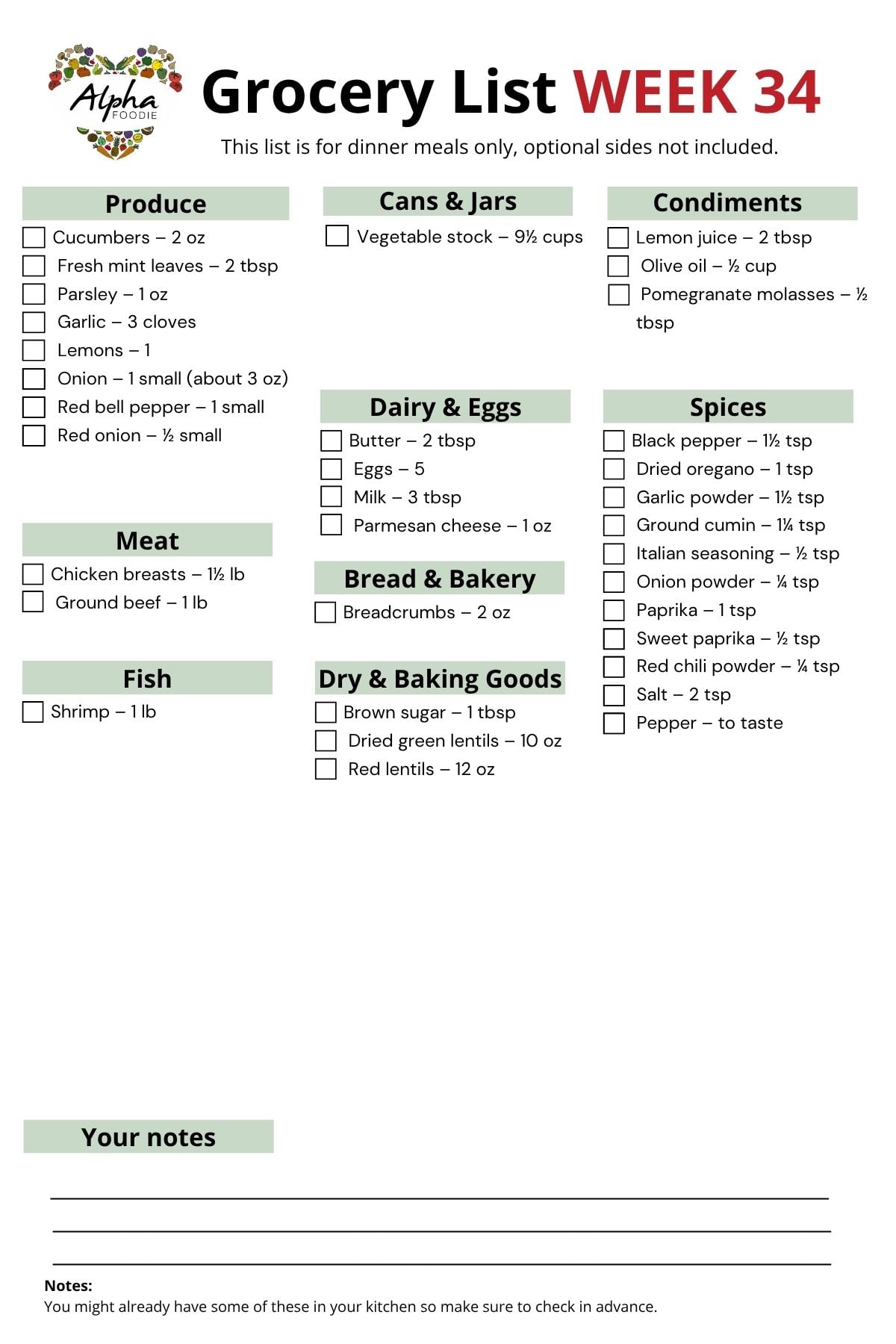 The grocery list for week 34 of Meal planning.