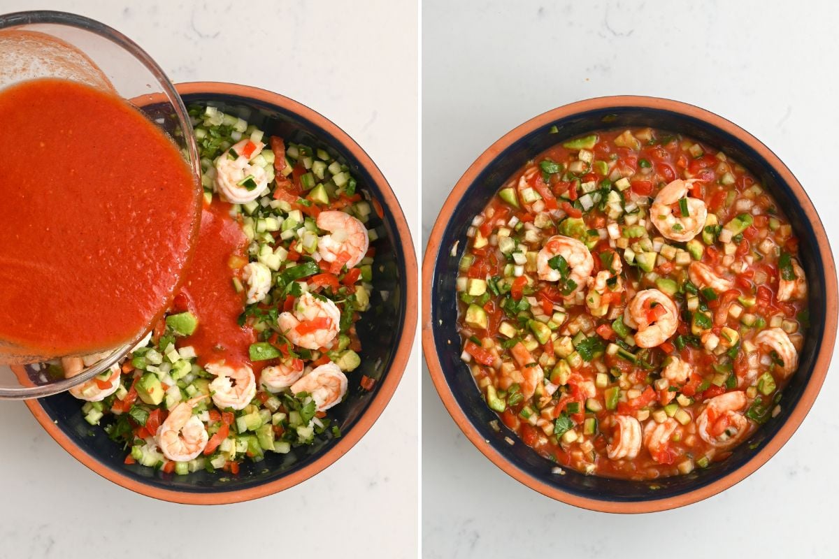 Tossing shrimp and veggies with sauce in a large bowl.