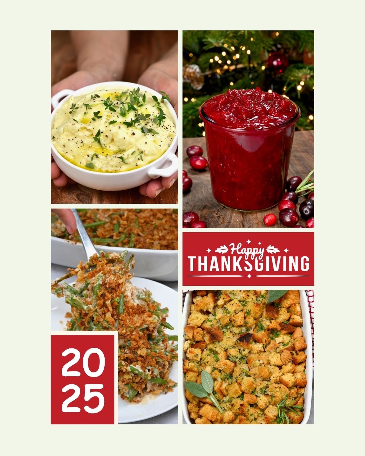 A collage of Thanksgiving side dishes, including mashed potatoes, cranberry sauce, stuffing, and green bean casserole. - 1