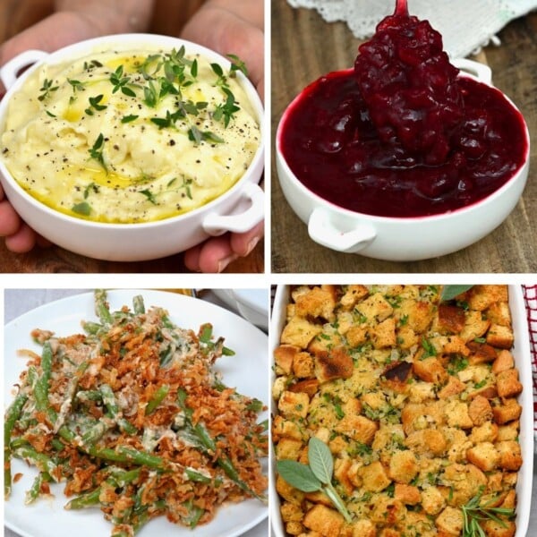 A collage featuring four Thanksgiving side dishes: mashed potatoes, cranberry sauce, stuffing, and green bean casserole.