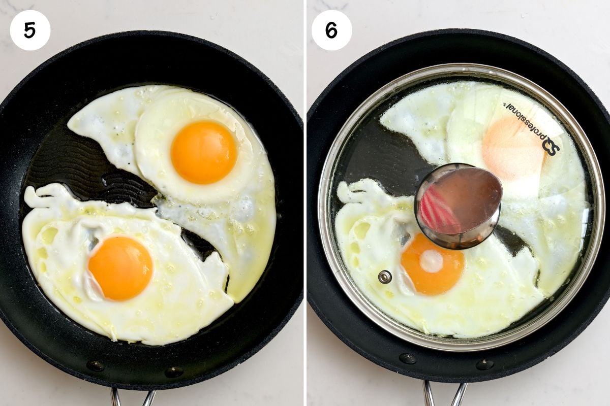 A collage of photos showing how to make sunny side fried eggs. - 4
