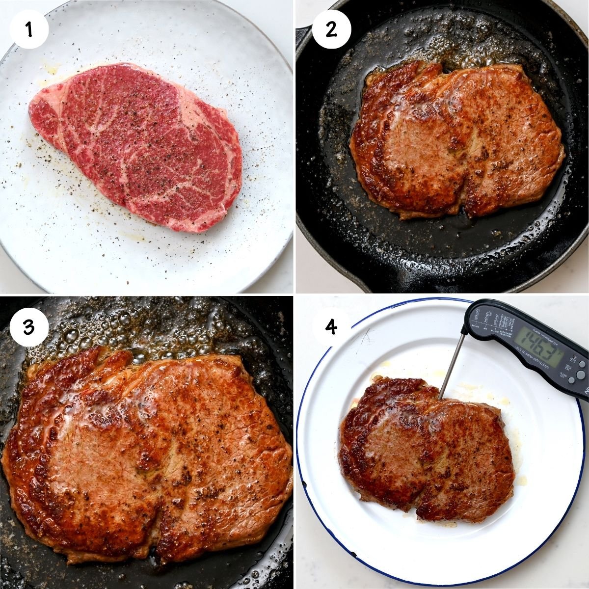 A collage of photos showing how to season and sear steak. - 3