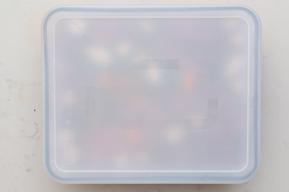 A sealed container filled with beef bourguignon ingredients marinating in red wine. - 8