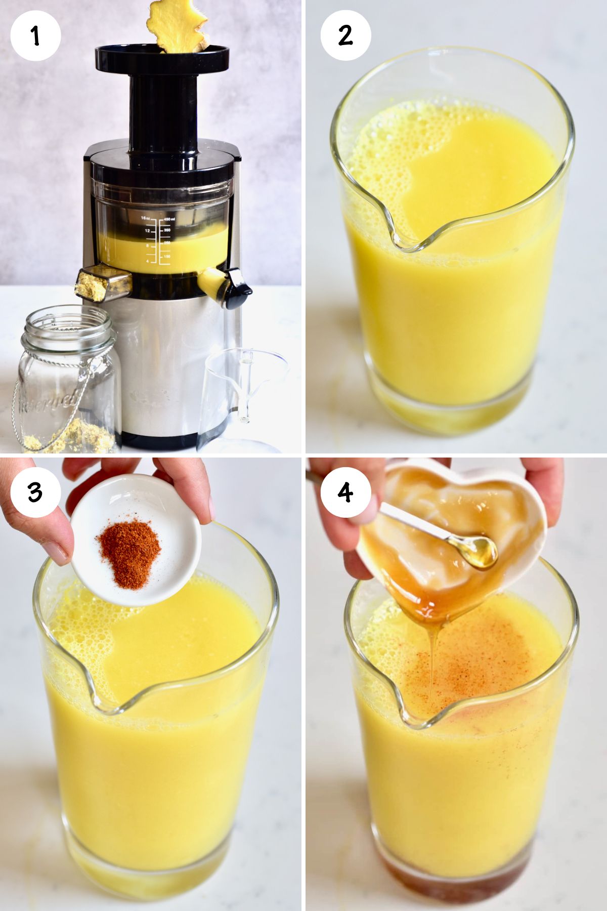 A collage of steps showing how to make ginger lemon shots.