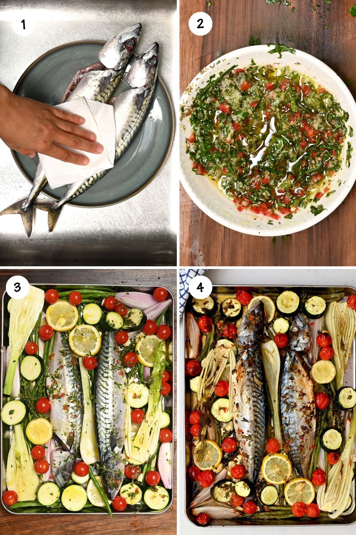 Collage showing the steps of oven-baked mackerel, from drying the fish and mixing the marinade to arranging the tray and roasting with vegetables. - 4
