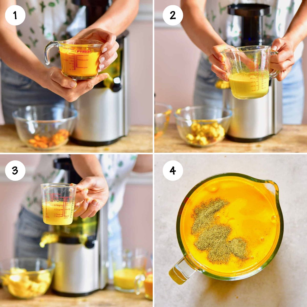 A collage of steps showing how to juice ginger, turmeric, and lemon. - 5