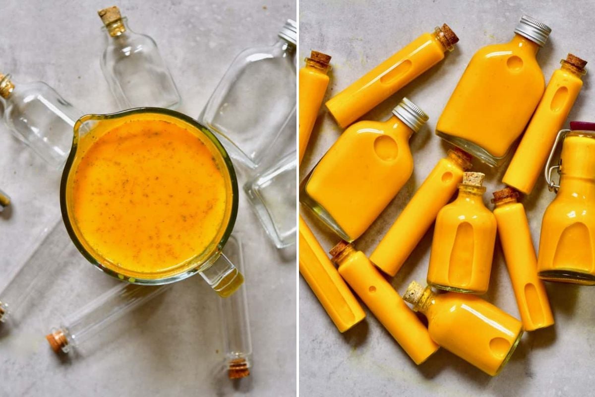 Ginger turmeric shots in a large cup and poured into small bottles. - 6