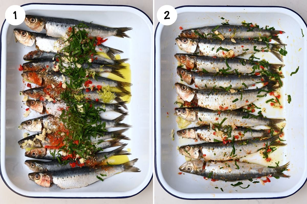 A collage showing show to rubs sardines with oil and herbs. - 3