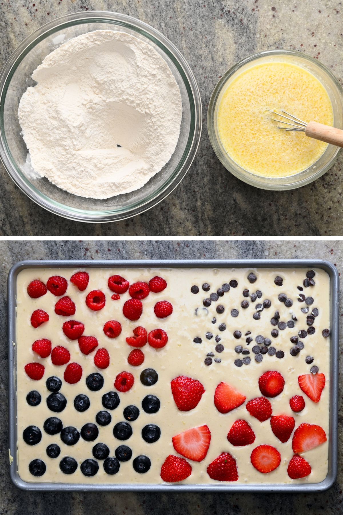 Collage showing sheet pan pancake steps, with dry and wet ingredients mixed in separate bowls and the batter spread in a pan topped with berries and chocolate chips before baking. - 5