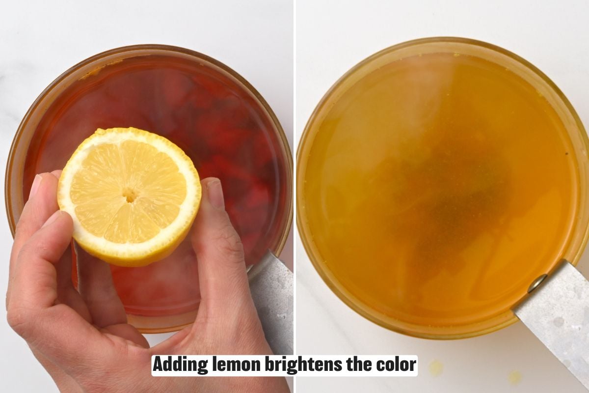 A collage of photos showing how adding lemon to turmeric tea brightens the color. - 7