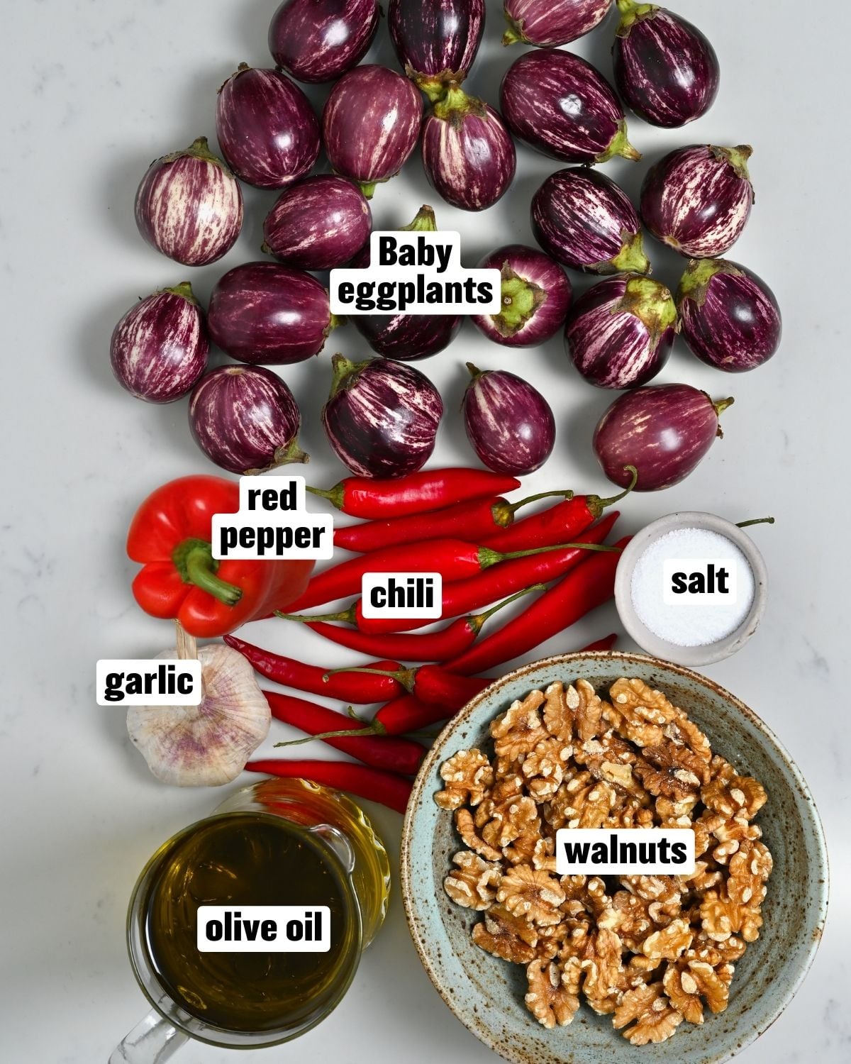 A photo of the ingredients needed for Lebanese makdous.