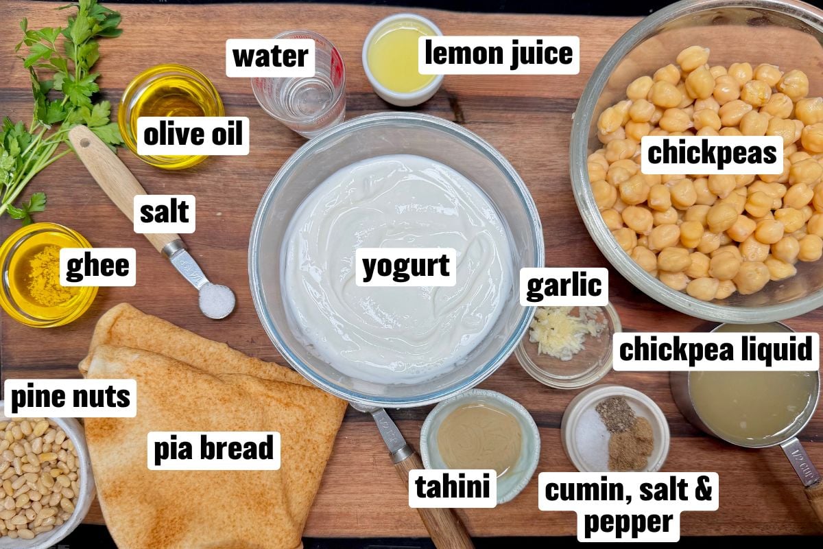 A photo of the ingredients needed for chickpea fatteh.