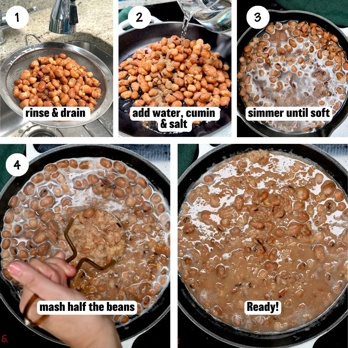 Canned fava beans and chickpeas rinsed, seasoned, simmered, mashed, and ready to serve.