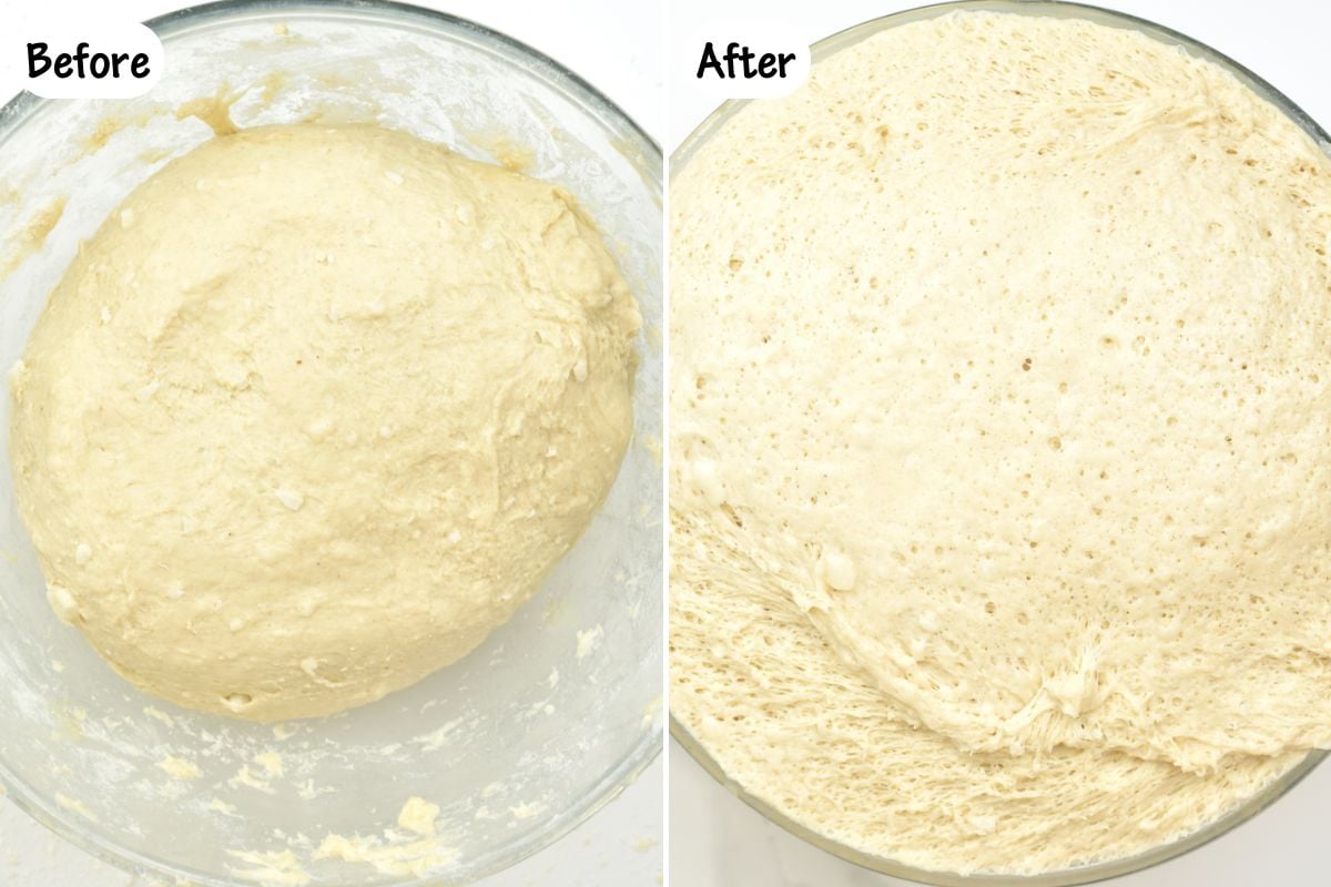 Before and after the dough for coconut bake has risen.