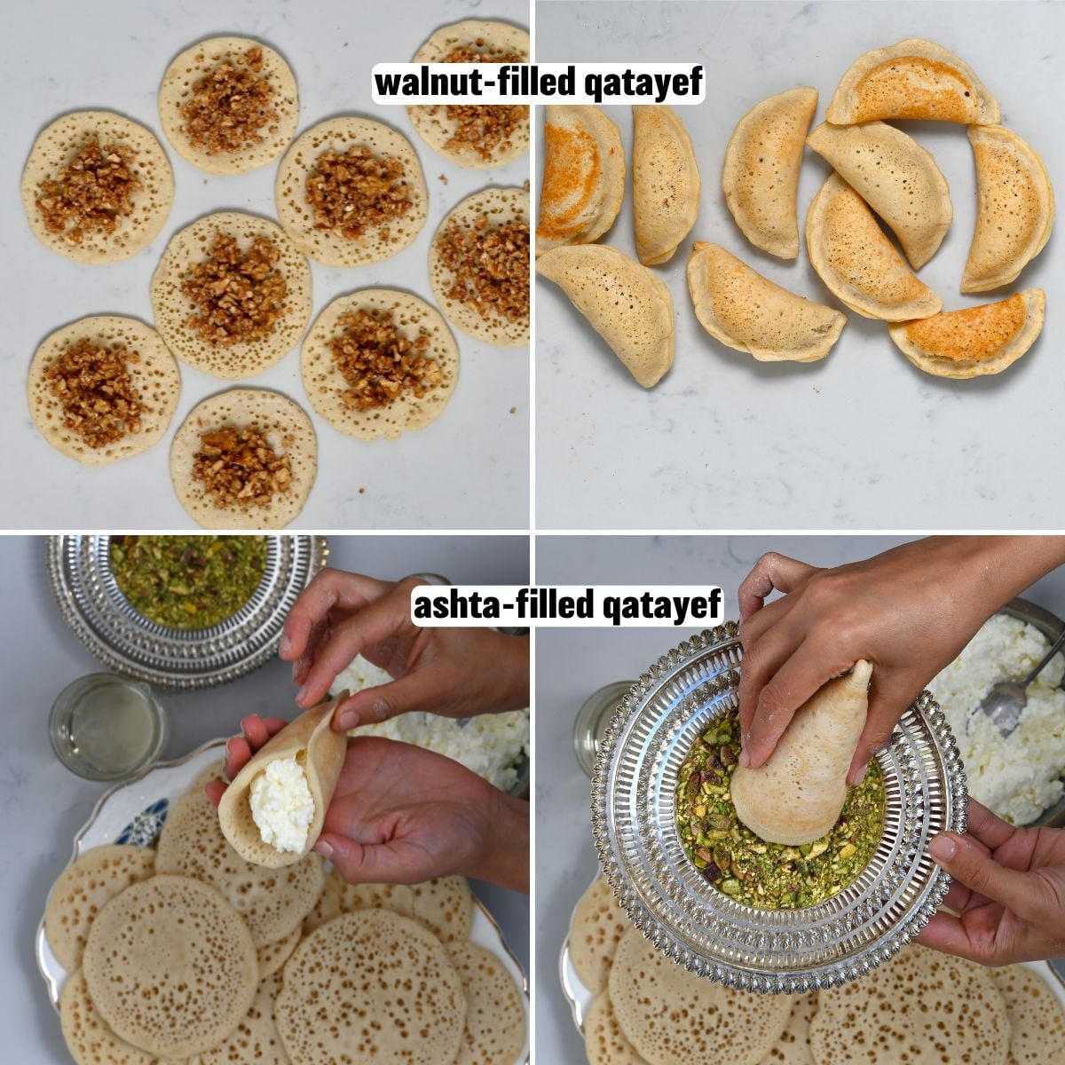 Collage of qatayef being filled with creamy ashta and chopped walnuts.