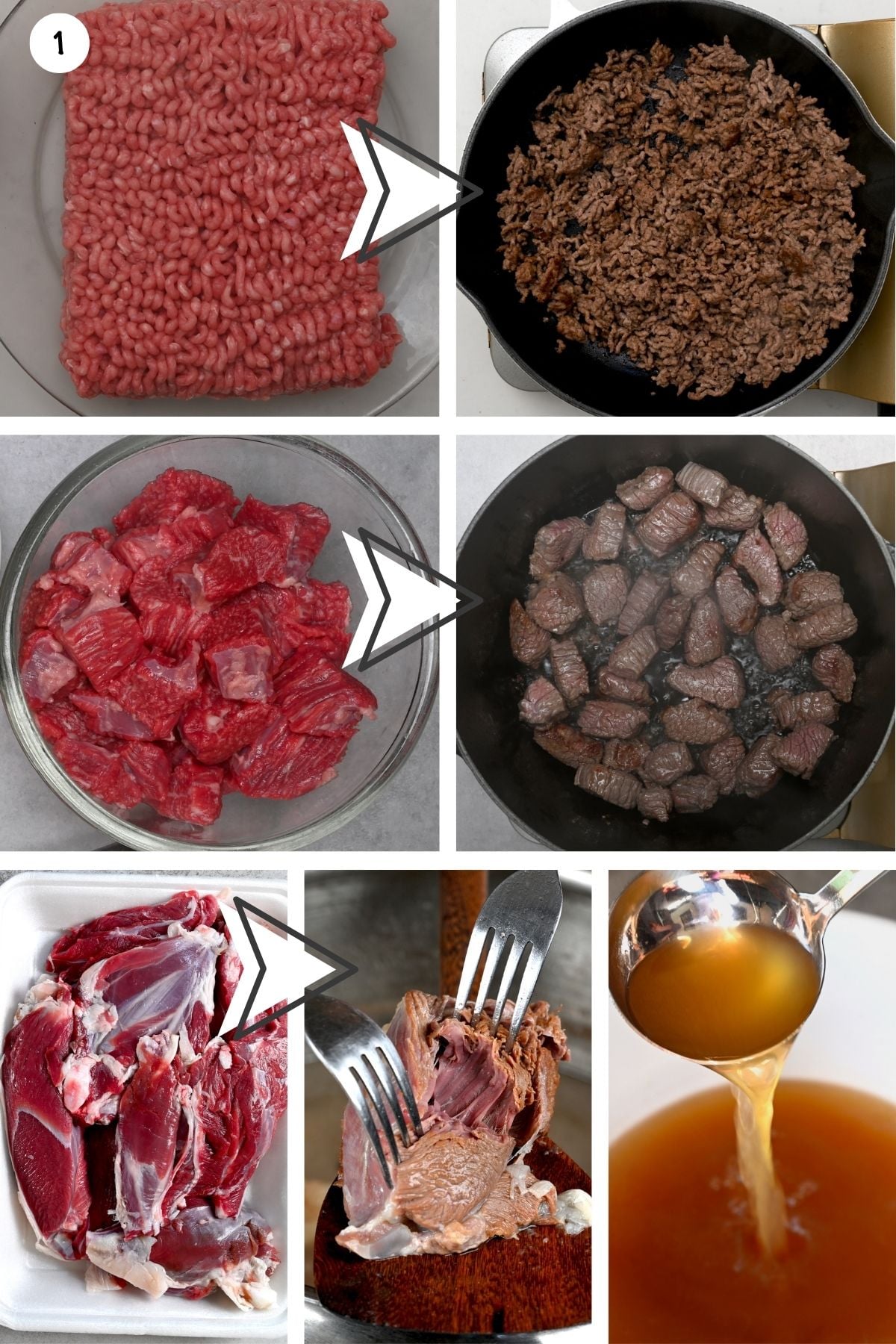Collage showing three kinds of beef raw ground beef, beef cubes, and beef shank, alongside each cooked version.