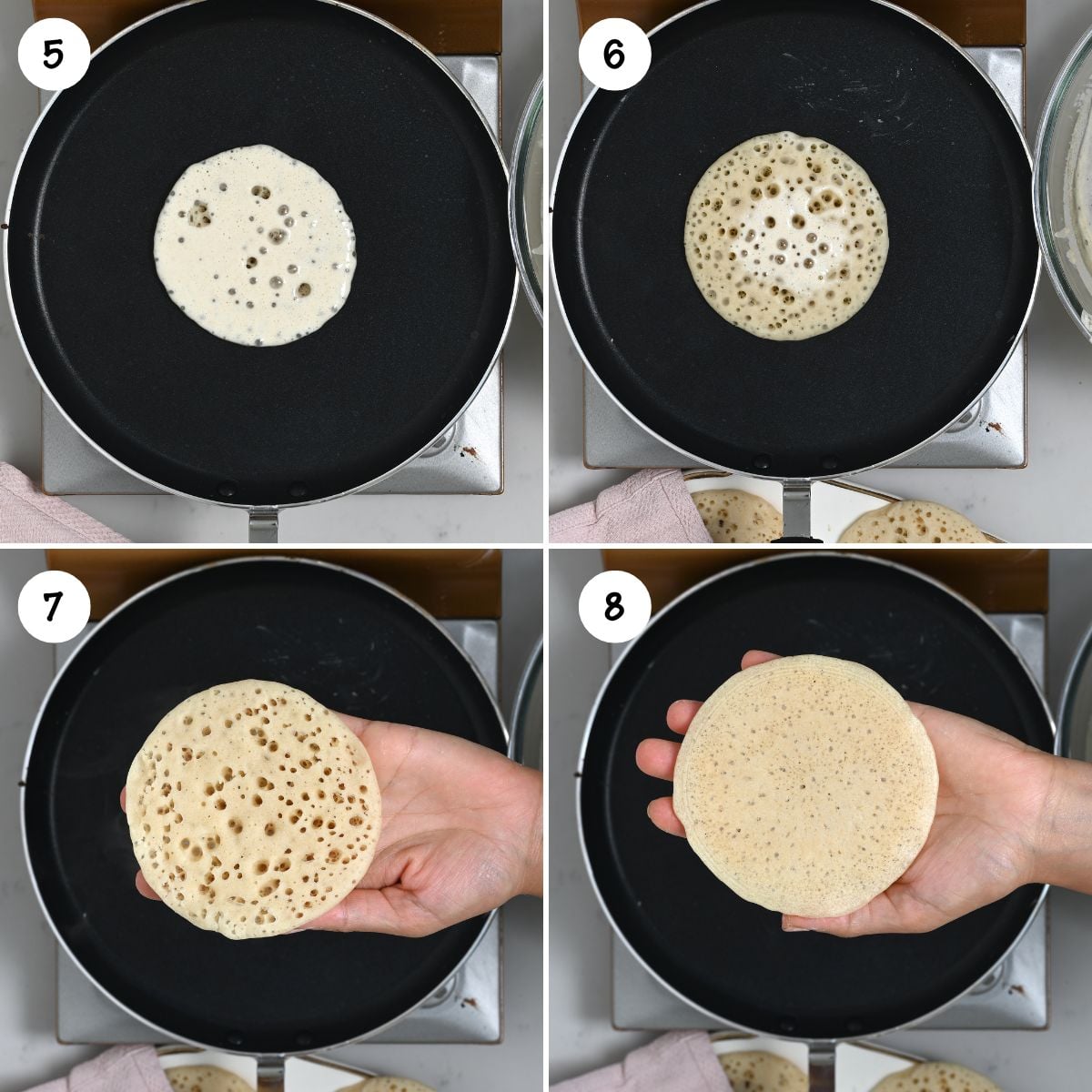Cooking qatayef batter on a nonstick pan on one side only until bubbly and set.
