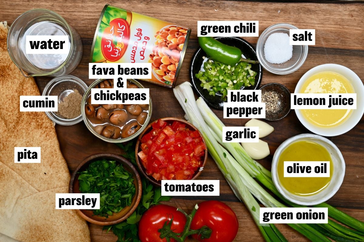 Flatlay for ingredients of ful medames.