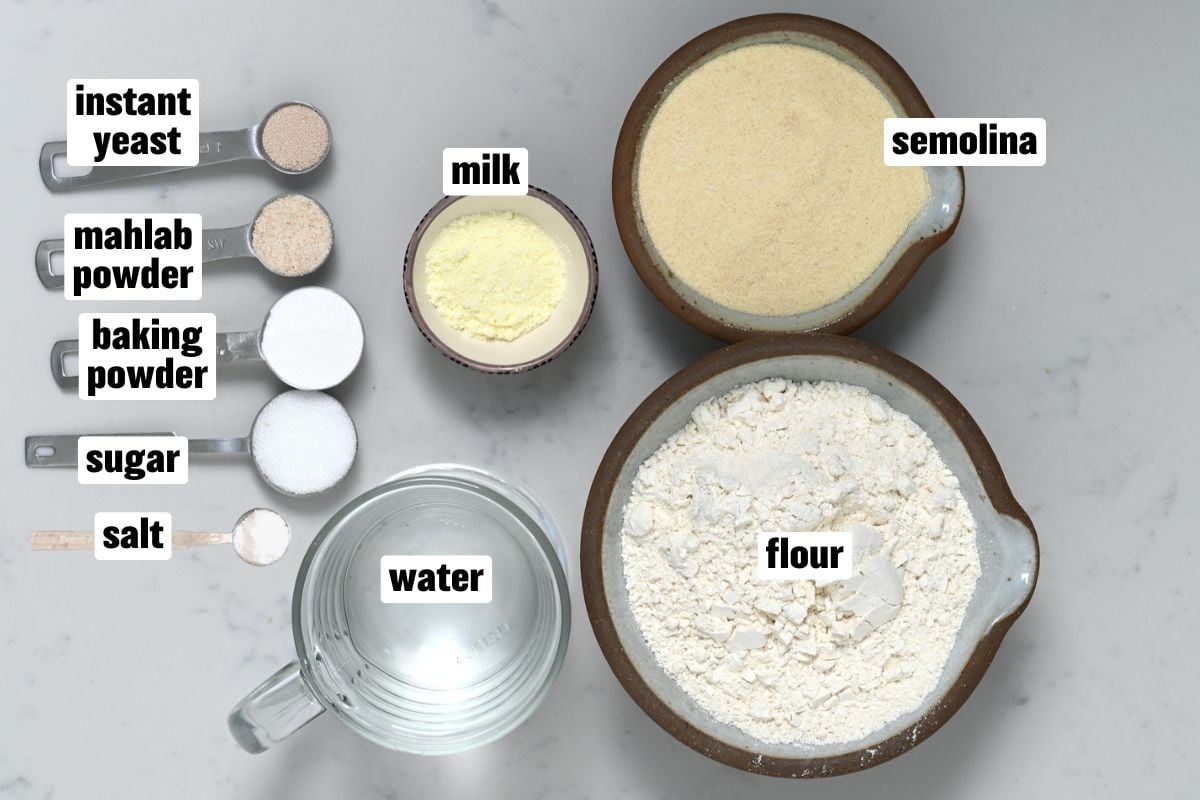 Flatlay of ingredients for qatayef dough.