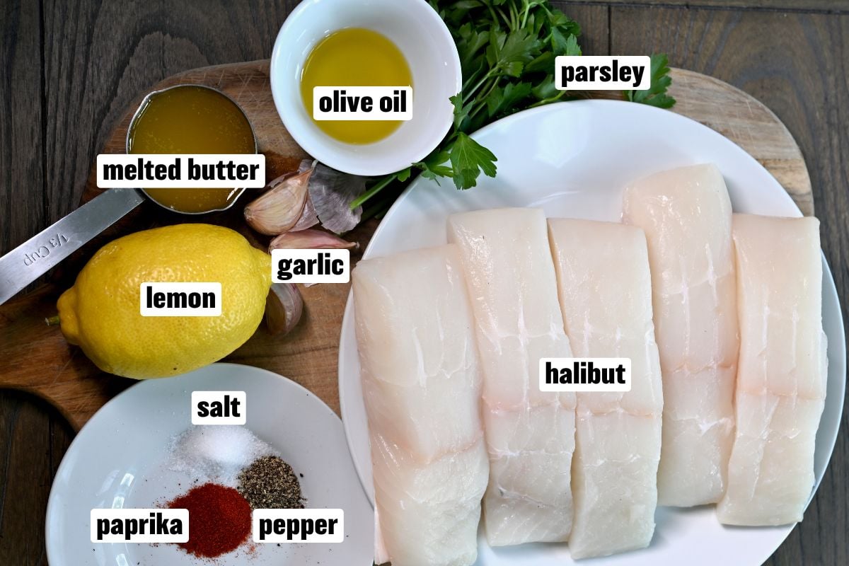 A photo of the ingredients needed for baking halibut.