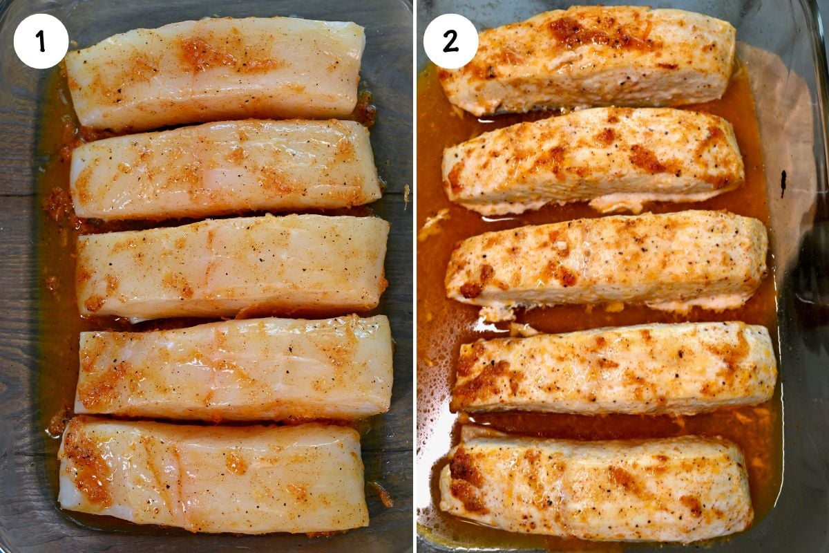Before and after baking halibut fish in garlic-butter sauce.