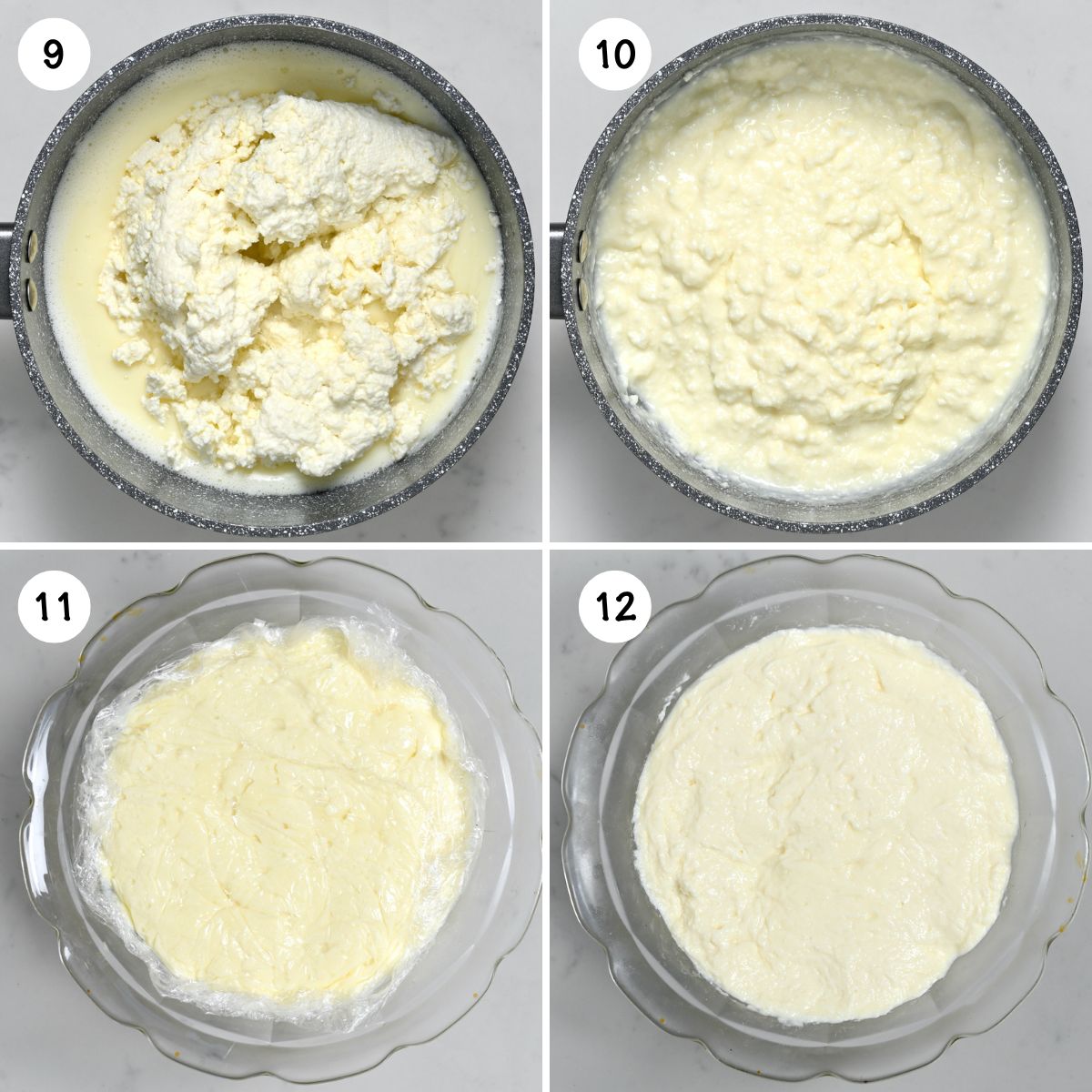 A collage for the steps for mixing cream with curds. - 6