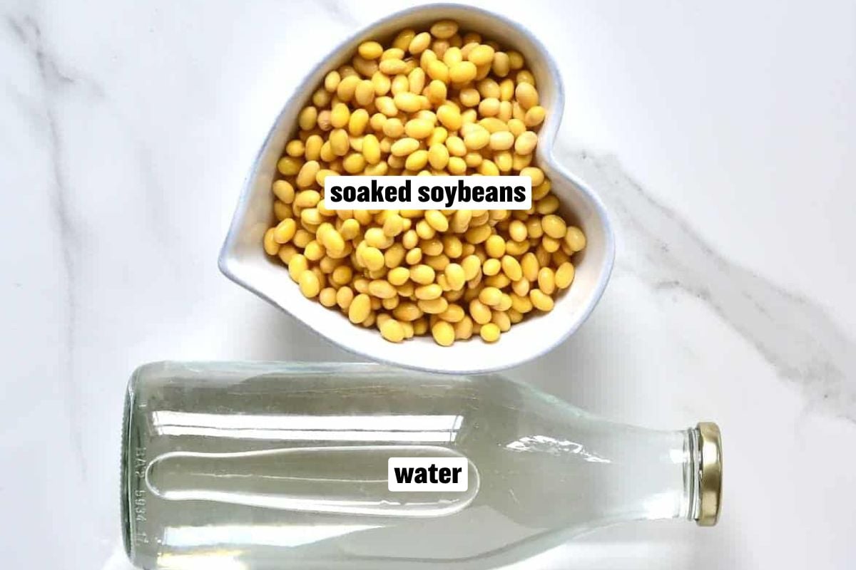 A photo of soaked soybeans and water needed to make soy milk.