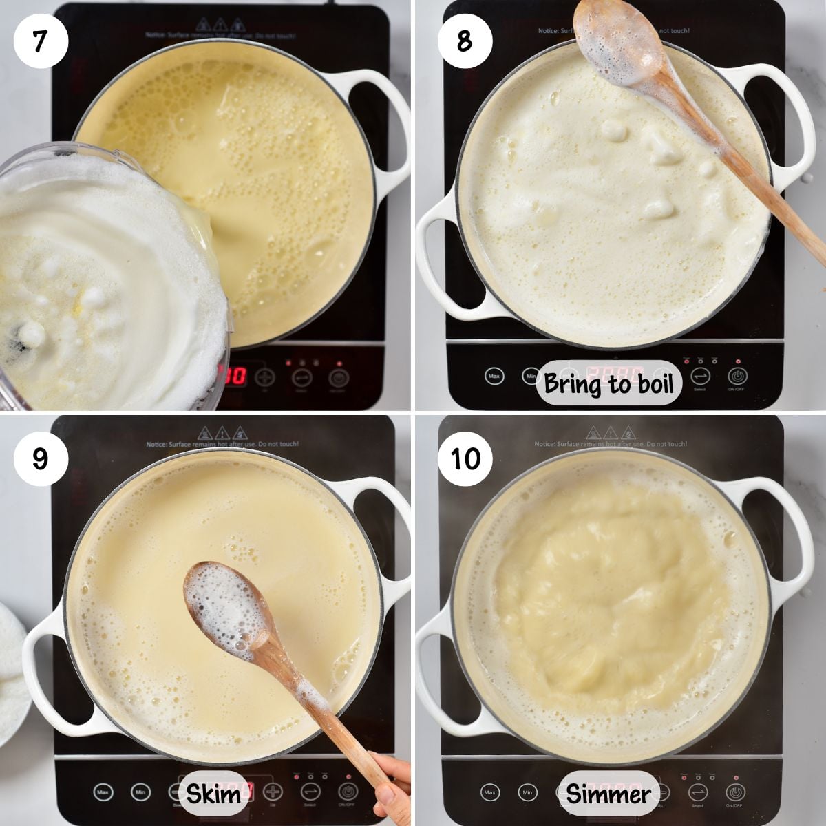 Steps for boiling soy milk in a large pot.