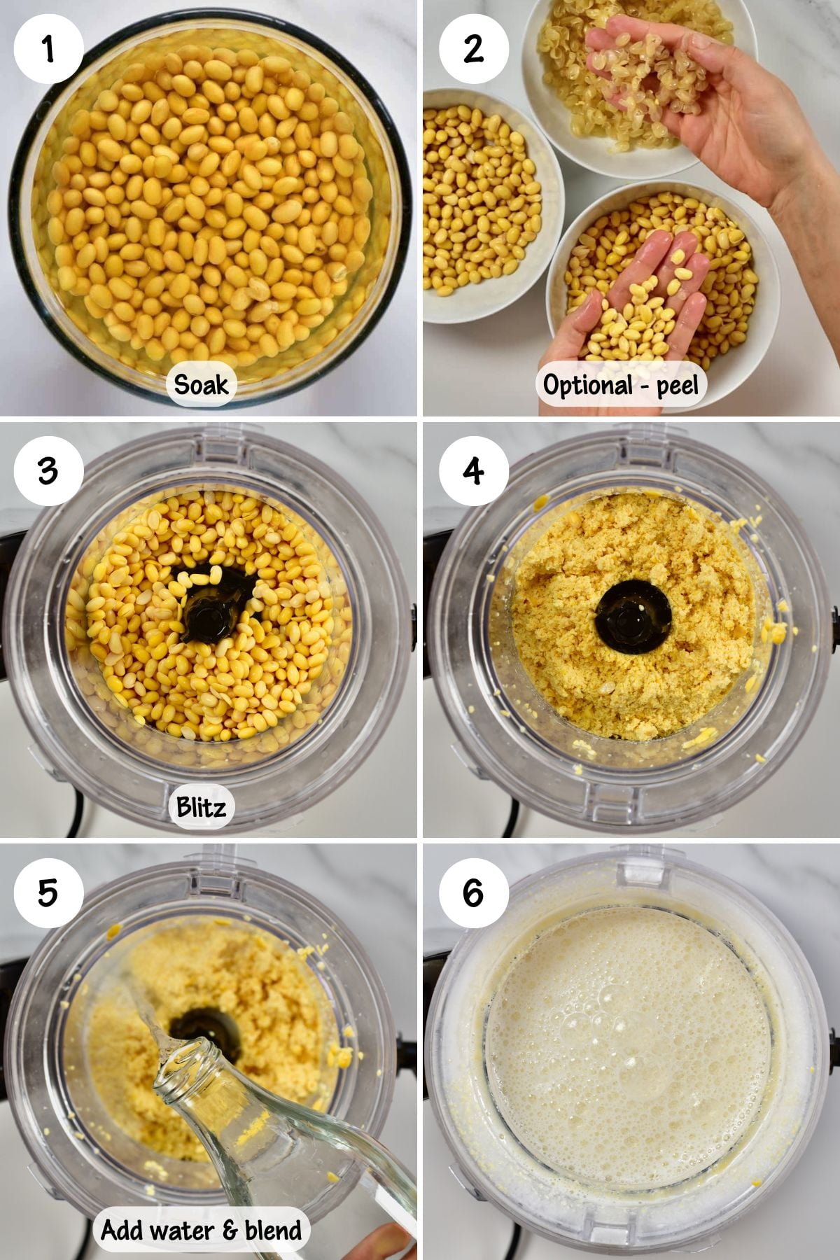 Steps for soaking and blending soybeans with water.