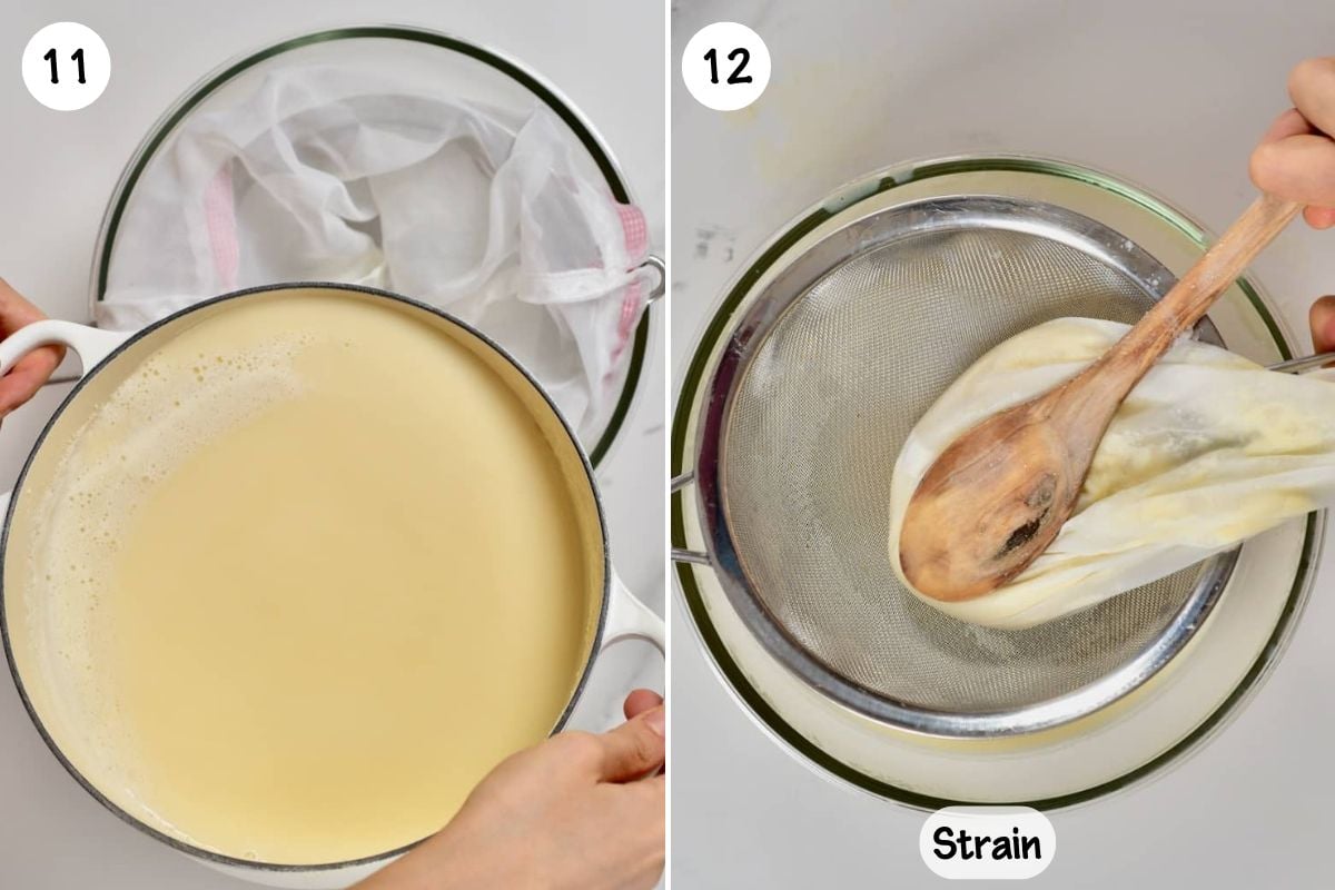 Steps for straining homemade soy milk.