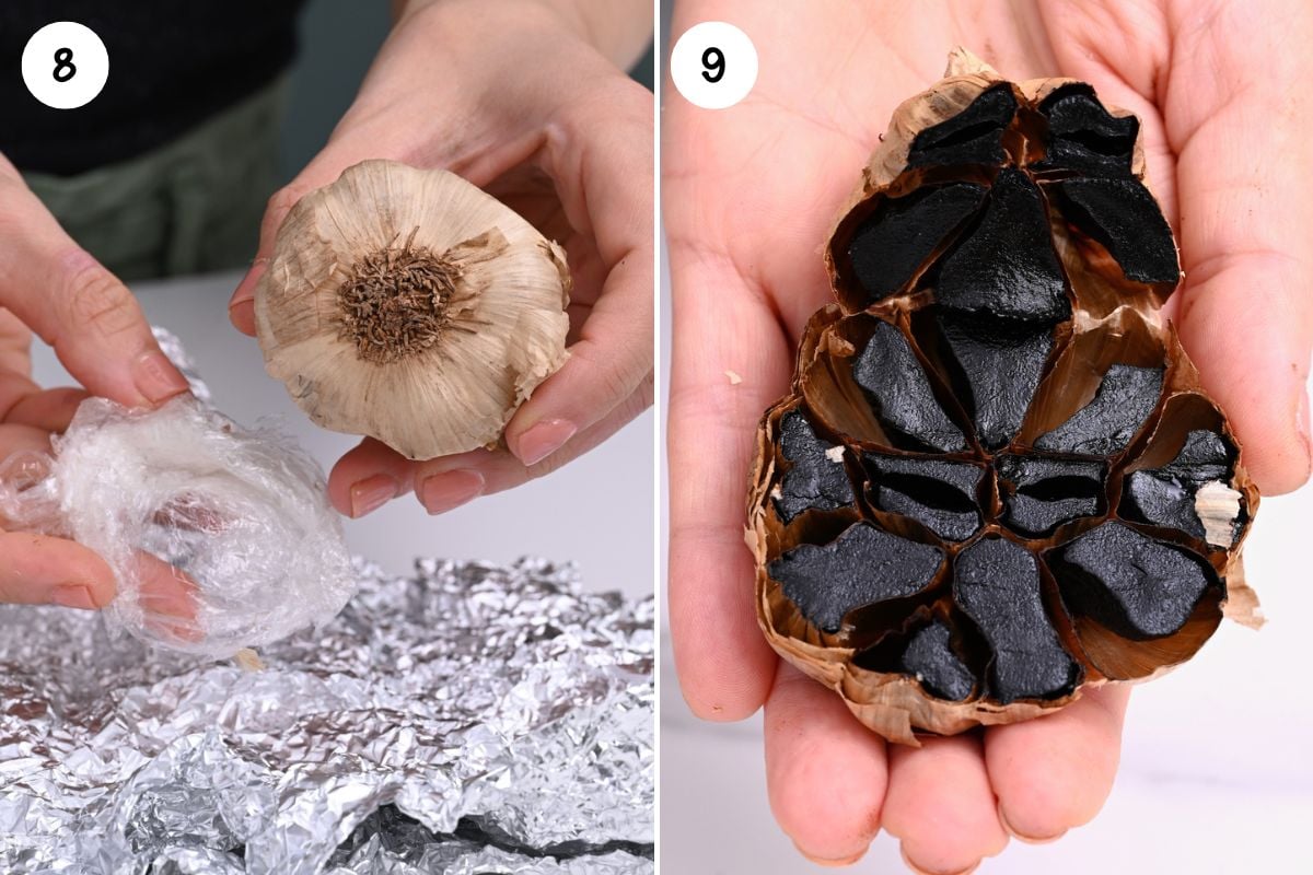 Checking black garlic for doneness.