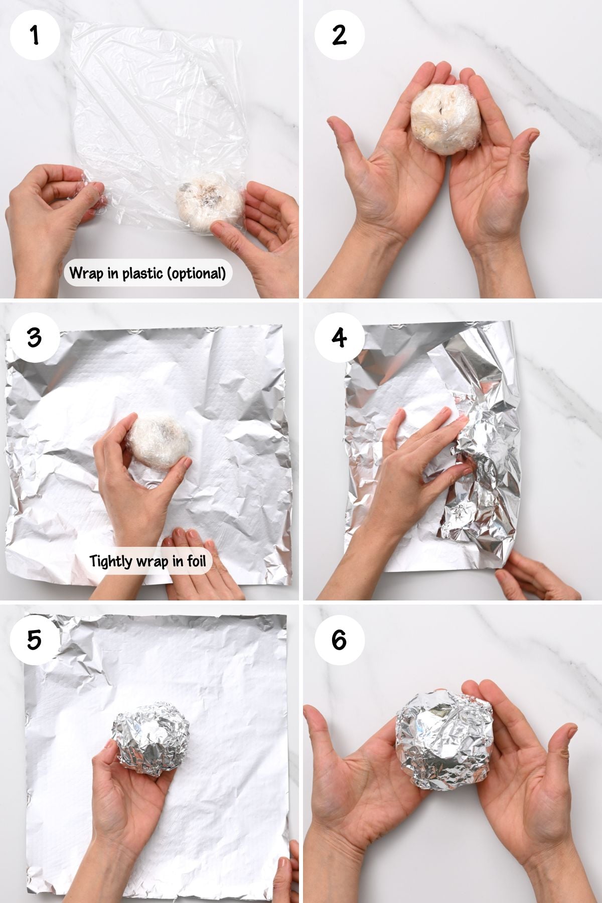 Steps for wrapping a garlic head in foil.