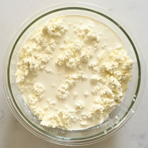 Milk curds and heavy cream in a large bowl.