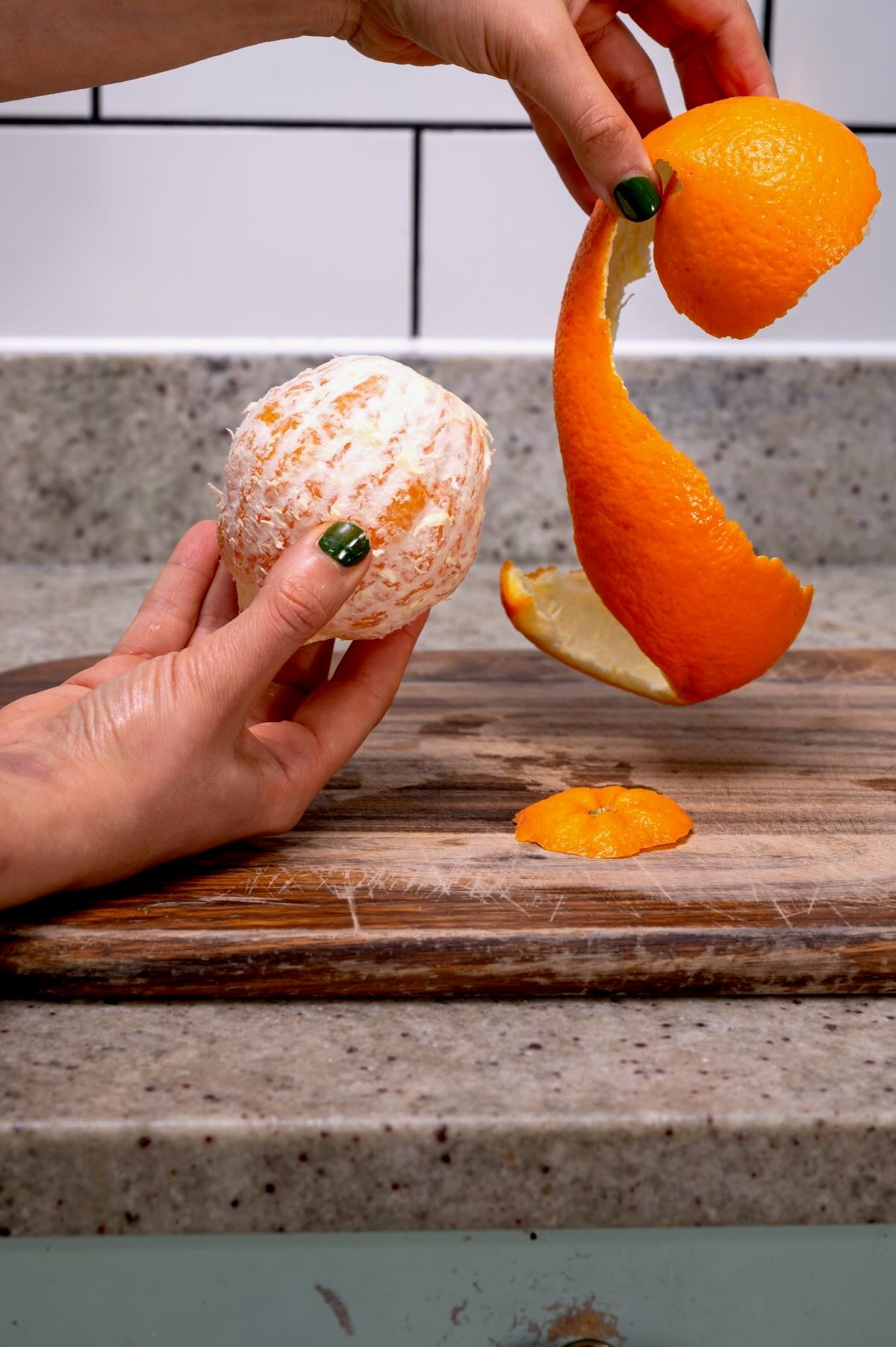 An orange with the peel removed.